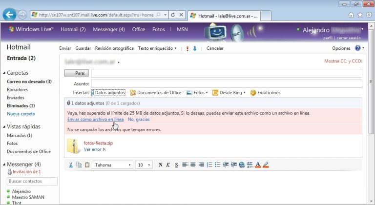 Mensaje hotmail Cuenta Hotmail